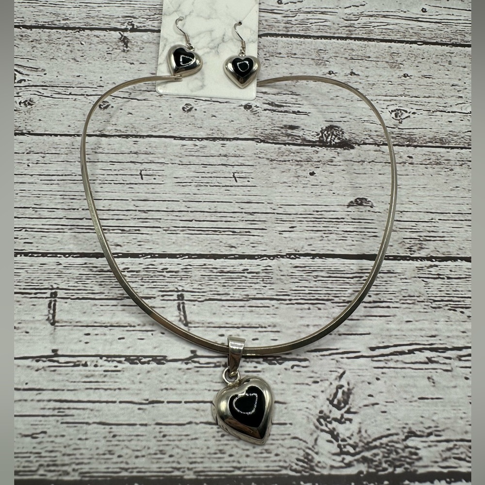 Taxco Silver Necklace with Black Heart Pendant